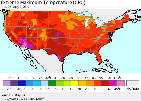 United States Maximum Daily Temperature (CPC) Thematic Map For 7/29/2019 - 8/4/2019