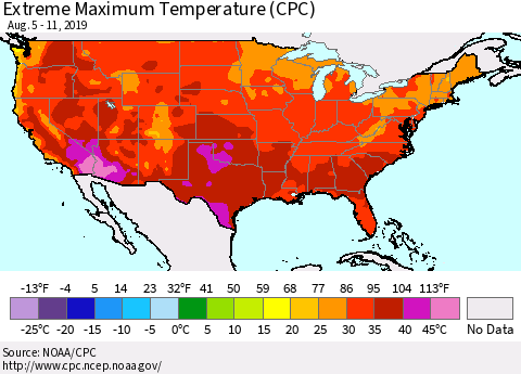 United States Maximum Daily Temperature (CPC) Thematic Map For 8/5/2019 - 8/11/2019