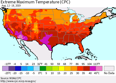 United States Maximum Daily Temperature (CPC) Thematic Map For 8/12/2019 - 8/18/2019