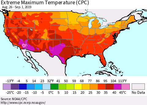 United States Maximum Daily Temperature (CPC) Thematic Map For 8/26/2019 - 9/1/2019