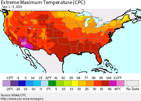 United States Maximum Daily Temperature (CPC) Thematic Map For 9/2/2019 - 9/8/2019