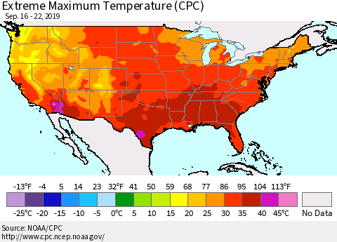 United States Maximum Daily Temperature (CPC) Thematic Map For 9/16/2019 - 9/22/2019