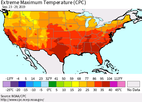United States Maximum Daily Temperature (CPC) Thematic Map For 9/23/2019 - 9/29/2019