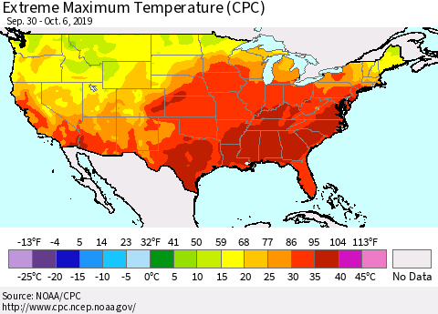 United States Maximum Daily Temperature (CPC) Thematic Map For 9/30/2019 - 10/6/2019