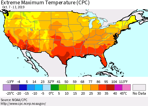United States Maximum Daily Temperature (CPC) Thematic Map For 10/7/2019 - 10/13/2019