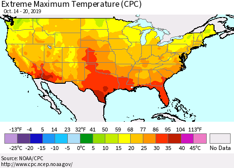 United States Maximum Daily Temperature (CPC) Thematic Map For 10/14/2019 - 10/20/2019