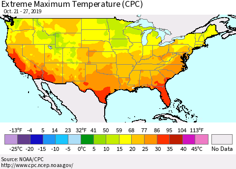 United States Maximum Daily Temperature (CPC) Thematic Map For 10/21/2019 - 10/27/2019