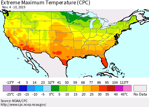 United States Maximum Daily Temperature (CPC) Thematic Map For 11/4/2019 - 11/10/2019