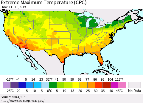 United States Maximum Daily Temperature (CPC) Thematic Map For 11/11/2019 - 11/17/2019
