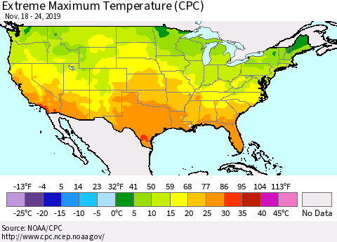 United States Maximum Daily Temperature (CPC) Thematic Map For 11/18/2019 - 11/24/2019