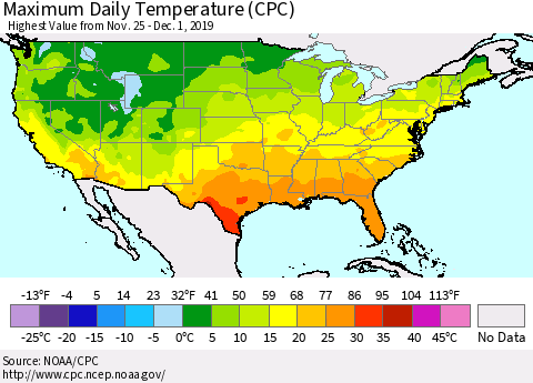 United States Maximum Daily Temperature (CPC) Thematic Map For 11/25/2019 - 12/1/2019