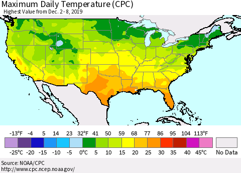 United States Maximum Daily Temperature (CPC) Thematic Map For 12/2/2019 - 12/8/2019