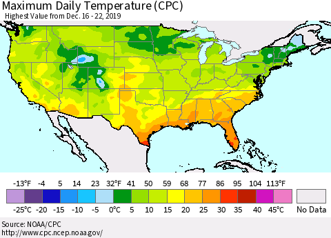 United States Maximum Daily Temperature (CPC) Thematic Map For 12/16/2019 - 12/22/2019