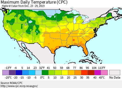 United States Maximum Daily Temperature (CPC) Thematic Map For 12/23/2019 - 12/29/2019