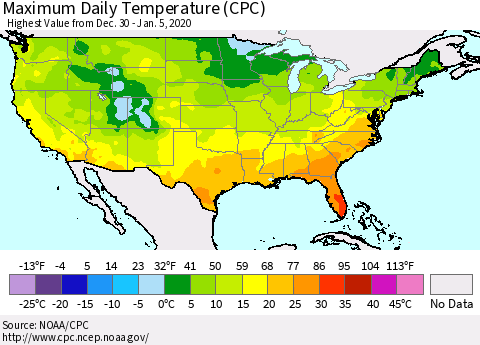 United States Maximum Daily Temperature (CPC) Thematic Map For 12/30/2019 - 1/5/2020