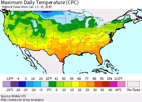 United States Maximum Daily Temperature (CPC) Thematic Map For 1/13/2020 - 1/19/2020