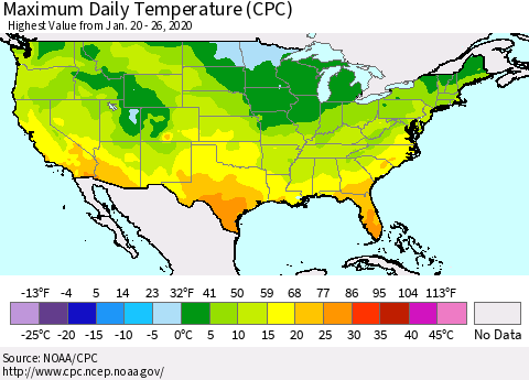 United States Maximum Daily Temperature (CPC) Thematic Map For 1/20/2020 - 1/26/2020