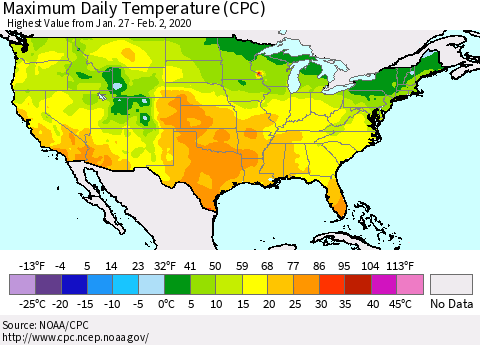 United States Maximum Daily Temperature (CPC) Thematic Map For 1/27/2020 - 2/2/2020