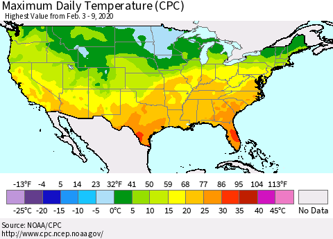 United States Maximum Daily Temperature (CPC) Thematic Map For 2/3/2020 - 2/9/2020