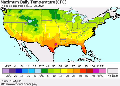 United States Maximum Daily Temperature (CPC) Thematic Map For 2/17/2020 - 2/23/2020