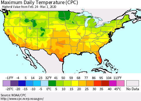 United States Maximum Daily Temperature (CPC) Thematic Map For 2/24/2020 - 3/1/2020