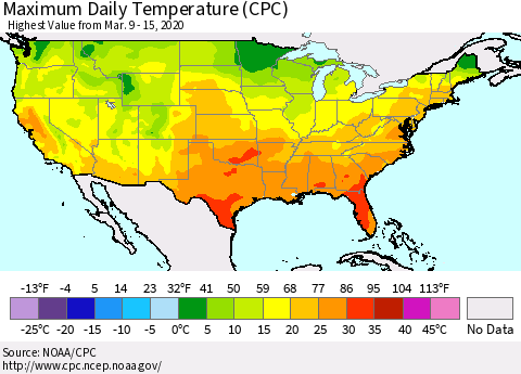 United States Maximum Daily Temperature (CPC) Thematic Map For 3/9/2020 - 3/15/2020