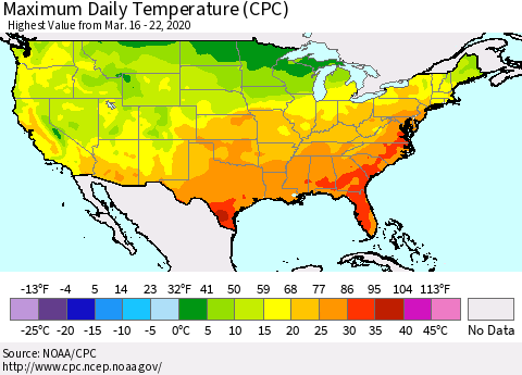 United States Maximum Daily Temperature (CPC) Thematic Map For 3/16/2020 - 3/22/2020