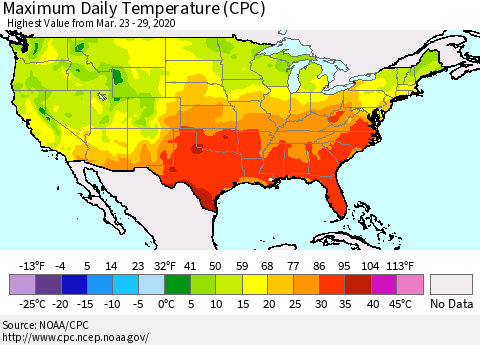United States Maximum Daily Temperature (CPC) Thematic Map For 3/23/2020 - 3/29/2020