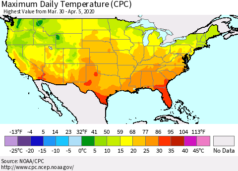 United States Maximum Daily Temperature (CPC) Thematic Map For 3/30/2020 - 4/5/2020