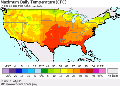United States Maximum Daily Temperature (CPC) Thematic Map For 4/6/2020 - 4/12/2020