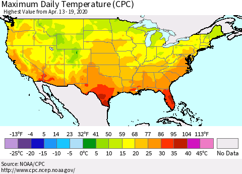 United States Maximum Daily Temperature (CPC) Thematic Map For 4/13/2020 - 4/19/2020