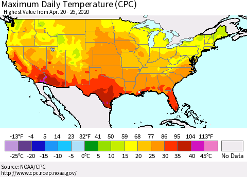 United States Extreme Maximum Temperature (CPC) Thematic Map For 4/20/2020 - 4/26/2020