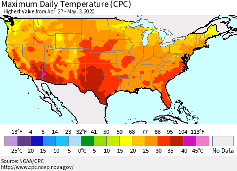 United States Extreme Maximum Temperature (CPC) Thematic Map For 4/27/2020 - 5/3/2020
