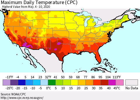 United States Extreme Maximum Temperature (CPC) Thematic Map For 5/4/2020 - 5/10/2020