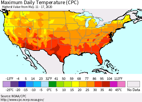 United States Extreme Maximum Temperature (CPC) Thematic Map For 5/11/2020 - 5/17/2020