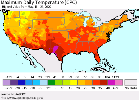 United States Extreme Maximum Temperature (CPC) Thematic Map For 5/18/2020 - 5/24/2020