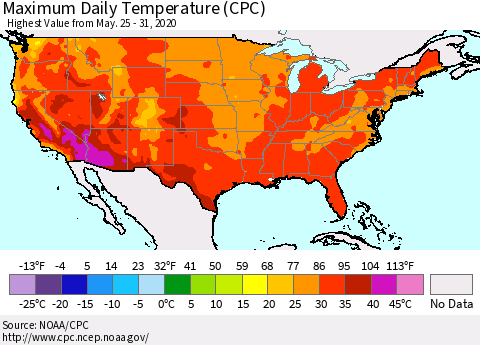 United States Extreme Maximum Temperature (CPC) Thematic Map For 5/25/2020 - 5/31/2020