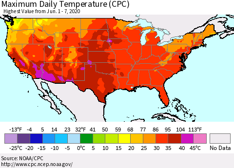 United States Maximum Daily Temperature (CPC) Thematic Map For 6/1/2020 - 6/7/2020