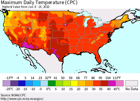 United States Maximum Daily Temperature (CPC) Thematic Map For 6/8/2020 - 6/14/2020