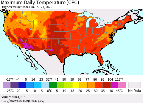 United States Maximum Daily Temperature (CPC) Thematic Map For 6/15/2020 - 6/21/2020