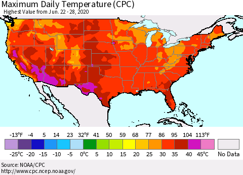 United States Extreme Maximum Temperature (CPC) Thematic Map For 6/22/2020 - 6/28/2020