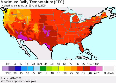 United States Extreme Maximum Temperature (CPC) Thematic Map For 6/29/2020 - 7/5/2020