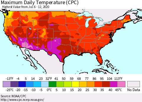 United States Maximum Daily Temperature (CPC) Thematic Map For 7/6/2020 - 7/12/2020