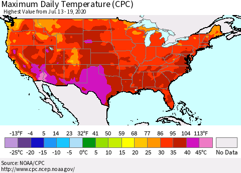 United States Extreme Maximum Temperature (CPC) Thematic Map For 7/13/2020 - 7/19/2020