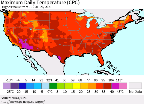 United States Extreme Maximum Temperature (CPC) Thematic Map For 7/20/2020 - 7/26/2020