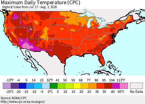 United States Maximum Daily Temperature (CPC) Thematic Map For 7/27/2020 - 8/2/2020
