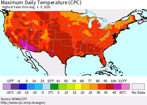 United States Extreme Maximum Temperature (CPC) Thematic Map For 8/3/2020 - 8/9/2020