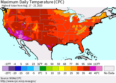 United States Maximum Daily Temperature (CPC) Thematic Map For 8/17/2020 - 8/23/2020