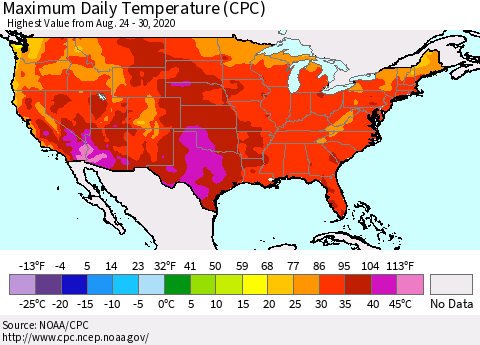 United States Maximum Daily Temperature (CPC) Thematic Map For 8/24/2020 - 8/30/2020