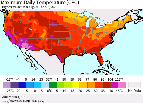 United States Maximum Daily Temperature (CPC) Thematic Map For 8/31/2020 - 9/6/2020